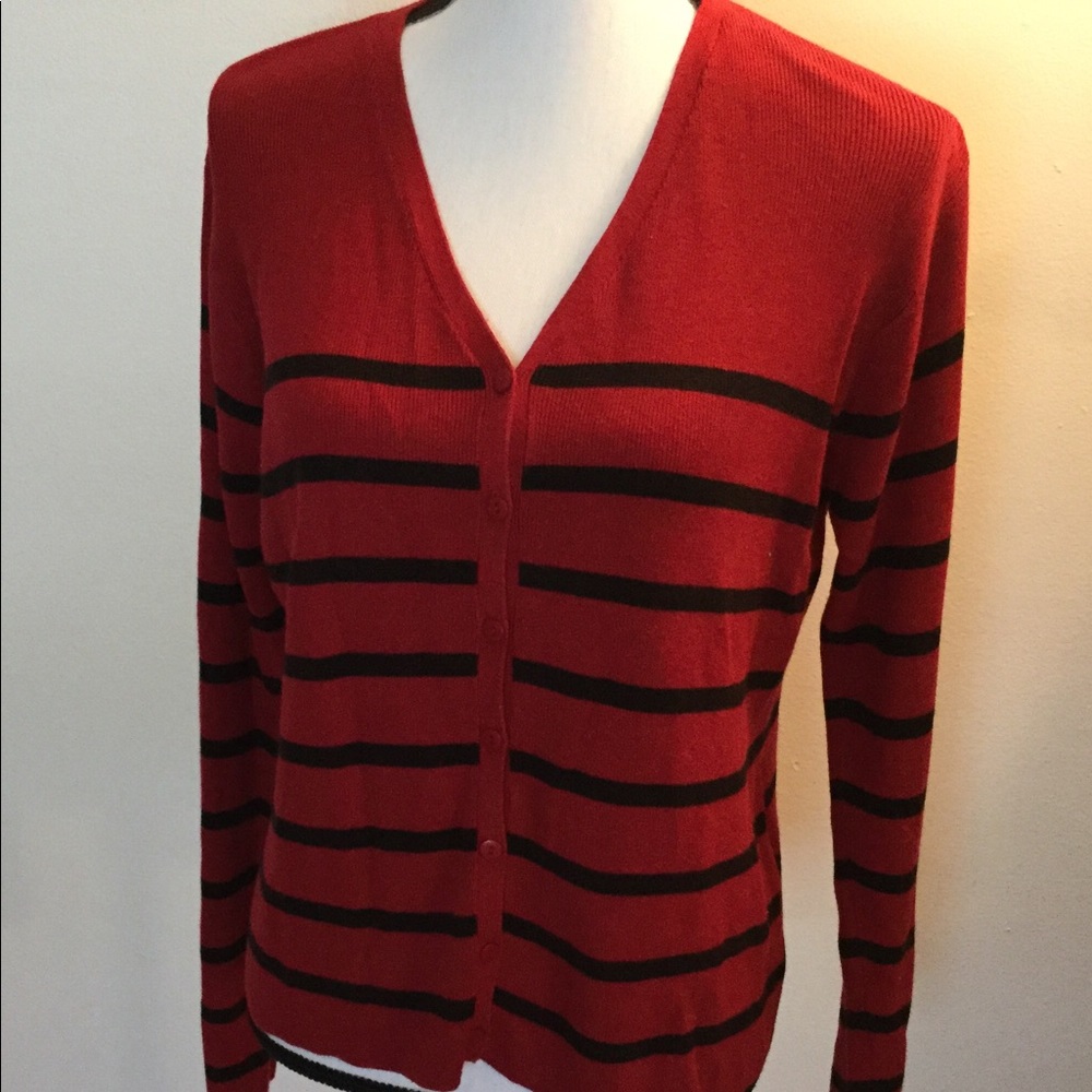 JONES & CO. Cardigan Sweater Maroon w/Navy Stripes